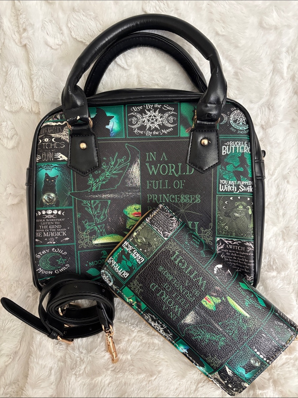 Black & Green Witch-Themed Satchel/Crossbody Handbag with Matching Wallet